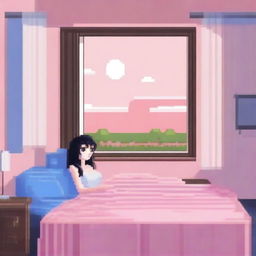 A 16-bit pixel art of a beautiful anime girl with black hair and blue eyes, lying in bed