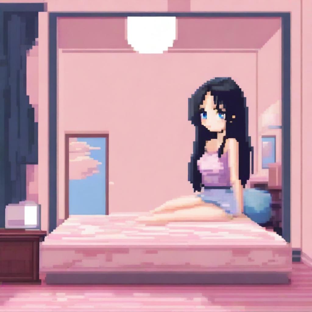 A 16-bit pixel art of a beautiful anime girl with black hair and blue eyes, lying in bed