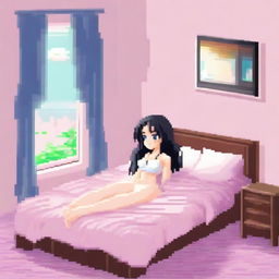 A 16-bit pixel art of a beautiful anime girl with black hair and blue eyes, lying in bed