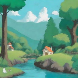 Create a whimsical scene in the style of Studio Ghibli, featuring lush green landscapes, charming creatures, and a serene atmosphere