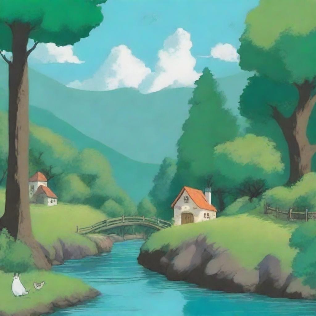 Create a whimsical scene in the style of Studio Ghibli, featuring lush green landscapes, charming creatures, and a serene atmosphere