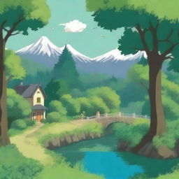 Create a whimsical scene in the style of Studio Ghibli, featuring lush green landscapes, charming creatures, and a serene atmosphere