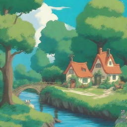 Create a whimsical scene in the style of Studio Ghibli, featuring lush green landscapes, charming creatures, and a serene atmosphere