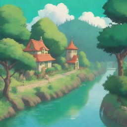 Create a whimsical scene in the style of Studio Ghibli, featuring lush green landscapes, charming creatures, and a serene atmosphere