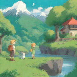 Create a whimsical scene in the style of Studio Ghibli, featuring a blond girl and a brown-haired boy