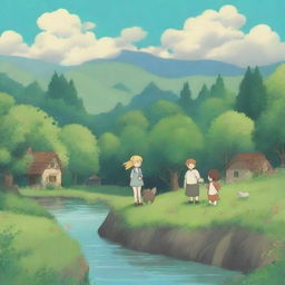 Create a whimsical scene in the style of Studio Ghibli, featuring a blond girl and a brown-haired boy