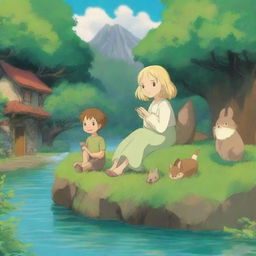 Create a whimsical scene in the style of Studio Ghibli, featuring a blond girl and a brown-haired boy