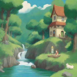 Create a whimsical scene in the style of Studio Ghibli, featuring a blond girl and a brown-haired boy