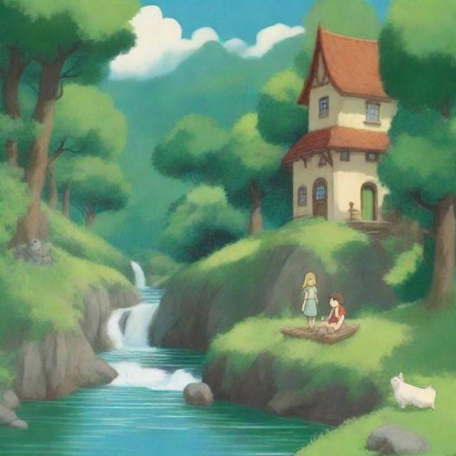 Create a whimsical scene in the style of Studio Ghibli, featuring a blond girl and a brown-haired boy