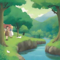 Create a whimsical scene in the style of Studio Ghibli, featuring a blond teenage girl and a brown-haired teenage boy