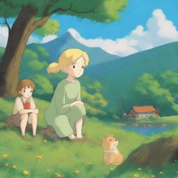 Create a whimsical scene in the style of Studio Ghibli, featuring a blond teenage girl and a brown-haired teenage boy