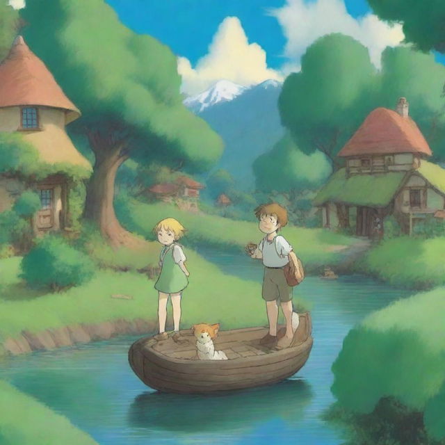 Create a whimsical scene in the style of Studio Ghibli, featuring a blond teenage girl and a brown-haired teenage boy