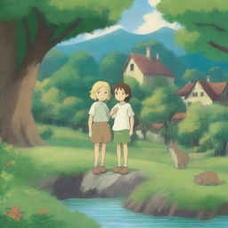 Create a whimsical scene in the style of Studio Ghibli, featuring a blond teenage girl and a brown-haired teenage boy