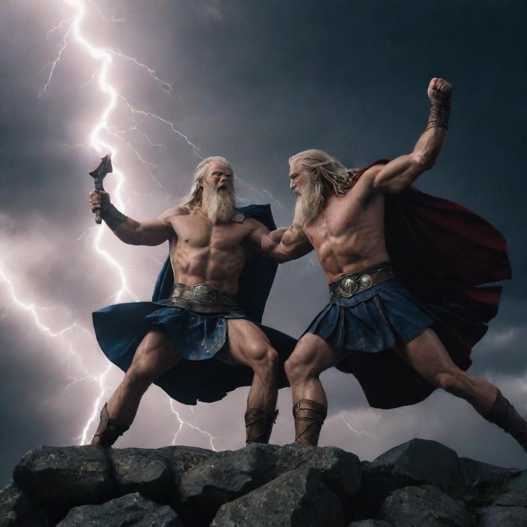 A thrilling scene of Odin, the Norse god, locked in battle with Zeus, the Greek god of the sky. Lightning and spears clash in a dark, stormy sky backdrop.