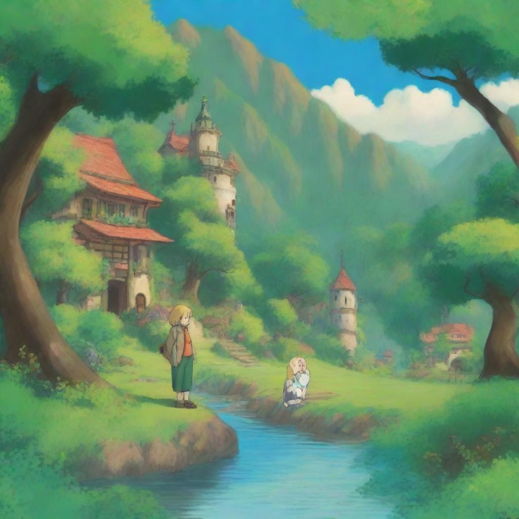 Create a vibrant and colorful scene in the style of Studio Ghibli, featuring a blond woman and a brown-haired man