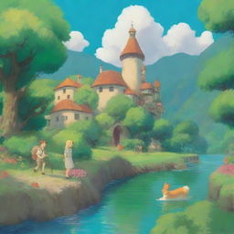 Create a vibrant and colorful scene in the style of Studio Ghibli, featuring a blond woman and a brown-haired man