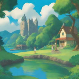 Create a vibrant and colorful scene in the style of Studio Ghibli, featuring a blond woman and a brown-haired man