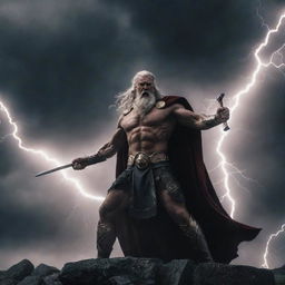 A thrilling scene of Odin, the Norse god, locked in battle with Zeus, the Greek god of the sky. Lightning and spears clash in a dark, stormy sky backdrop.