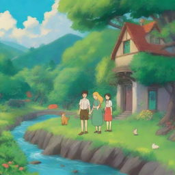 Create a vibrant and colorful scene in the style of Studio Ghibli, featuring a blond woman and a brown-haired man