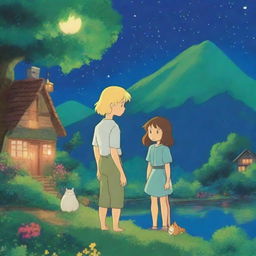 Create a vibrant and colorful night scene in the style of Studio Ghibli, featuring a blond woman and a brown-haired man