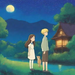 Create a vibrant and colorful night scene in the style of Studio Ghibli, featuring a blond woman and a brown-haired man