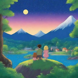 Create a vibrant and colorful night scene in the style of Studio Ghibli, featuring a blond woman and a brown-haired man