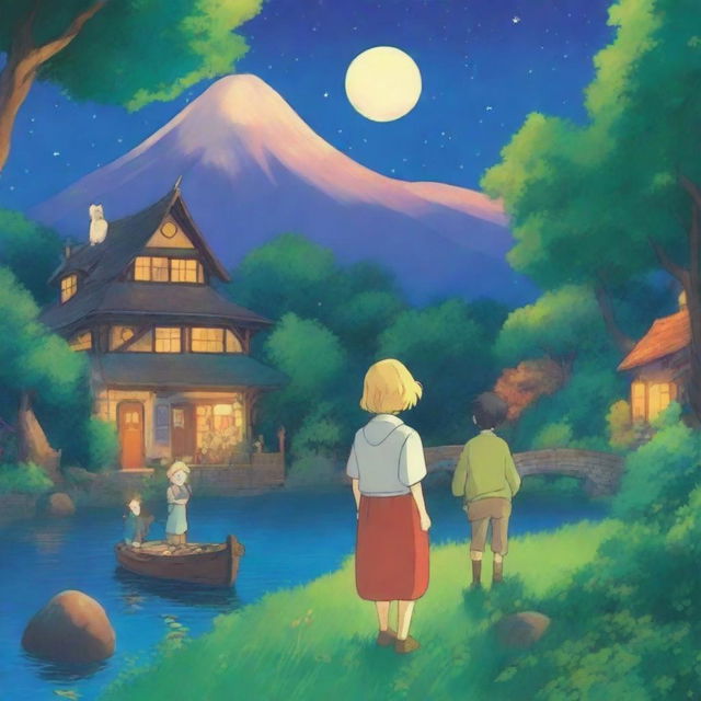 Create a vibrant and colorful night scene in the style of Studio Ghibli, featuring a blond woman and a brown-haired man