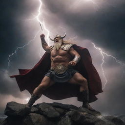 A thrilling scene of Odin, the Norse god, locked in battle with Zeus, the Greek god of the sky. Lightning and spears clash in a dark, stormy sky backdrop.