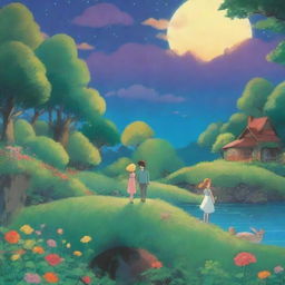 Create a whimsical scene in the style of Studio Ghibli, featuring a blond woman and a brown-haired man holding hands under a colorful night sky