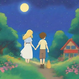 Create a whimsical scene in the style of Studio Ghibli, featuring a blond woman and a brown-haired man holding hands under a colorful night sky