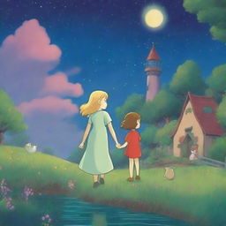 Create a whimsical scene in the style of Studio Ghibli, featuring a blond woman and a brown-haired man holding hands under a colorful night sky