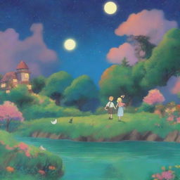 Create a whimsical scene in the style of Studio Ghibli, featuring a blond woman and a brown-haired man holding hands under a colorful night sky