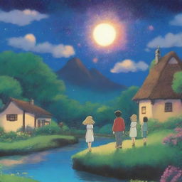 Create a magical scene in the style of Studio Ghibli, featuring a blond woman and a brown-haired man holding hands under a night sky filled with colorful fireworks