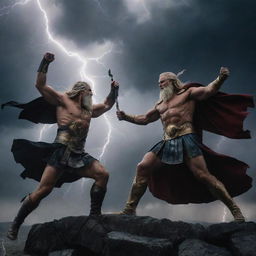 A thrilling scene of Odin, the Norse god, locked in battle with Zeus, the Greek god of the sky. Lightning and spears clash in a dark, stormy sky backdrop.