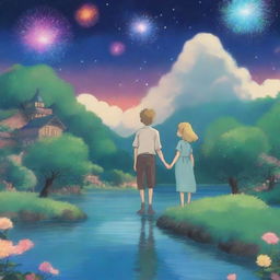 Create a magical scene in the style of Studio Ghibli, featuring a blond woman and a brown-haired man holding hands under a night sky filled with colorful fireworks