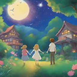 Create a magical scene in the style of Studio Ghibli, featuring a blond woman and a brown-haired man holding hands under a night sky filled with colorful fireworks