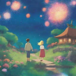 Create a magical scene in the style of Studio Ghibli, featuring a blond woman and a brown-haired man holding hands under a night sky filled with colorful fireworks