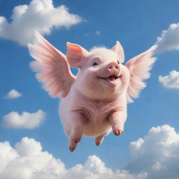 A delightful whimsical scene of a chubby piglet with feathered wings joyfully soaring through a sky dotted with soft, fluffy clouds.