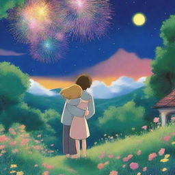 Create a heartwarming scene in the style of Studio Ghibli, featuring a blond woman and a brown-haired man hugging under a night sky illuminated by colorful fireworks