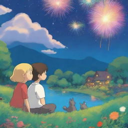 Create a heartwarming scene in the style of Studio Ghibli, featuring a blond woman and a brown-haired man hugging under a night sky illuminated by colorful fireworks