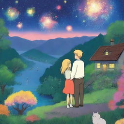 Create a heartwarming scene in the style of Studio Ghibli, featuring a blond woman and a brown-haired man hugging under a night sky illuminated by colorful fireworks