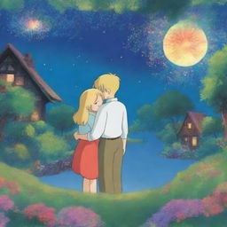 Create a heartwarming scene in the style of Studio Ghibli, featuring a blond woman and a brown-haired man hugging under a night sky illuminated by colorful fireworks