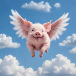 A delightful whimsical scene of a chubby piglet with feathered wings joyfully soaring through a sky dotted with soft, fluffy clouds.