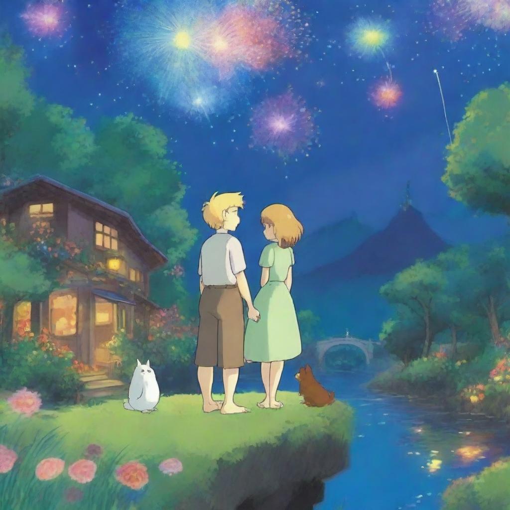 Create a heartwarming scene in the style of Studio Ghibli, featuring a blond woman and a brown-haired man hugging under a night sky illuminated by colorful fireworks