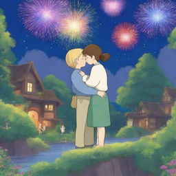 Create a heartwarming scene in the style of Studio Ghibli, featuring a blond woman and a brown-haired man hugging under a night sky illuminated by colorful fireworks