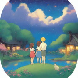 Create a heartwarming scene in the style of Studio Ghibli, featuring a blond woman and a brown-haired man hugging under a night sky illuminated by colorful fireworks