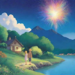 Create a heartwarming scene in the style of Studio Ghibli, featuring a blond woman and a brown-haired man hugging under a night sky illuminated by colorful fireworks