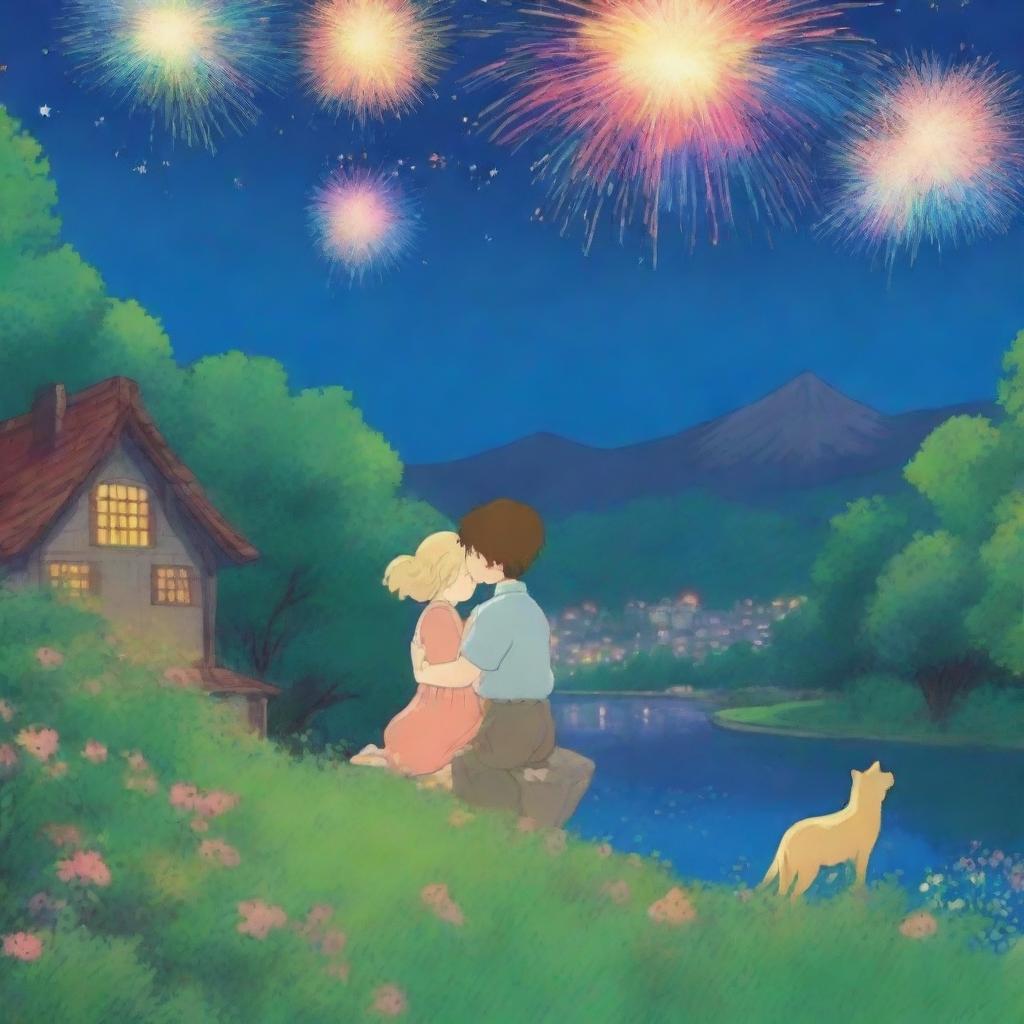 Create a romantic scene in the style of Studio Ghibli, featuring a blond woman and a brown-haired man cuddling under a night sky filled with colorful fireworks