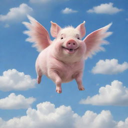 A delightful whimsical scene of a chubby piglet with feathered wings joyfully soaring through a sky dotted with soft, fluffy clouds.