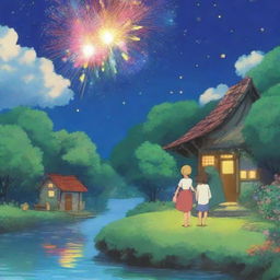 Create a romantic scene in the style of Studio Ghibli, featuring a blond woman and a brown-haired man cuddling under a night sky filled with colorful fireworks